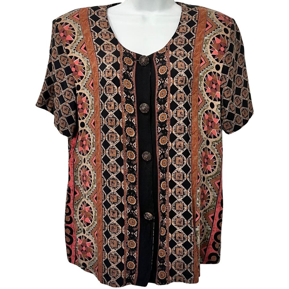 Vintage Brown Red Geometric Button Up Short Sleeve Top Skirt Suit Set size M - Picture 10 of 16